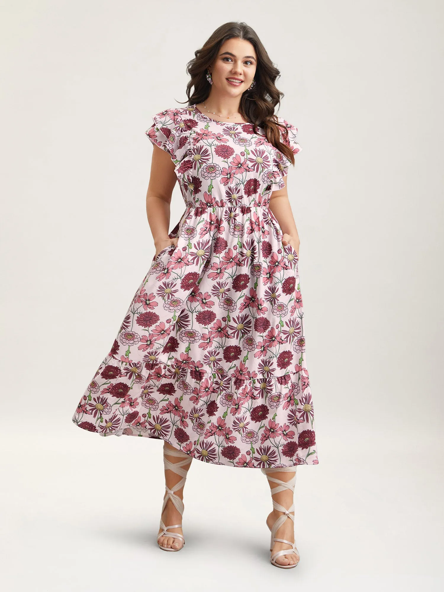 Ruffled Floral Print Stretchy-Waist Midi Dress sold by Bloomchic product image thumbnail 4