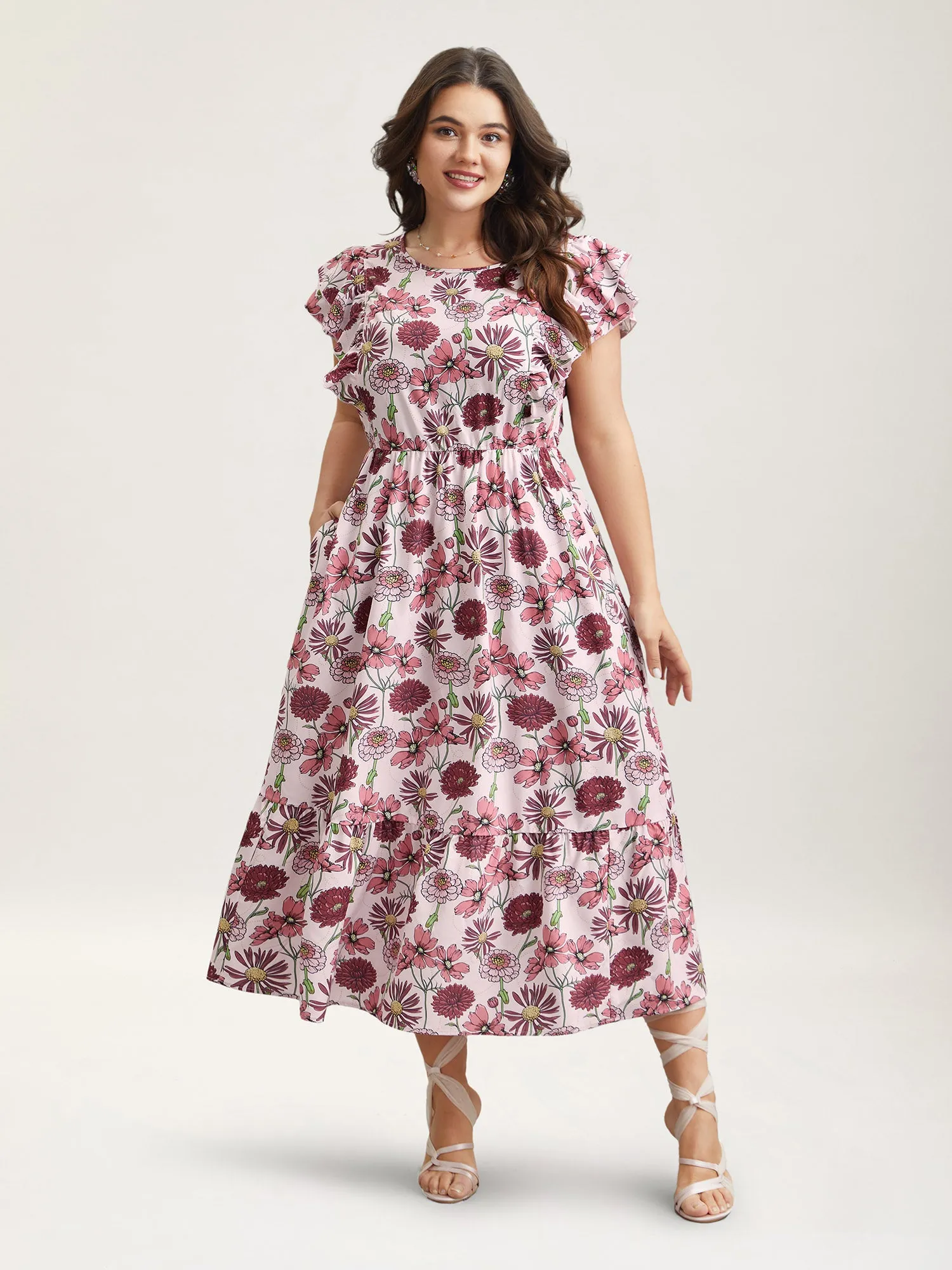 Ruffled Floral Print Stretchy-Waist Midi Dress sold by Bloomchic product image thumbnail 3