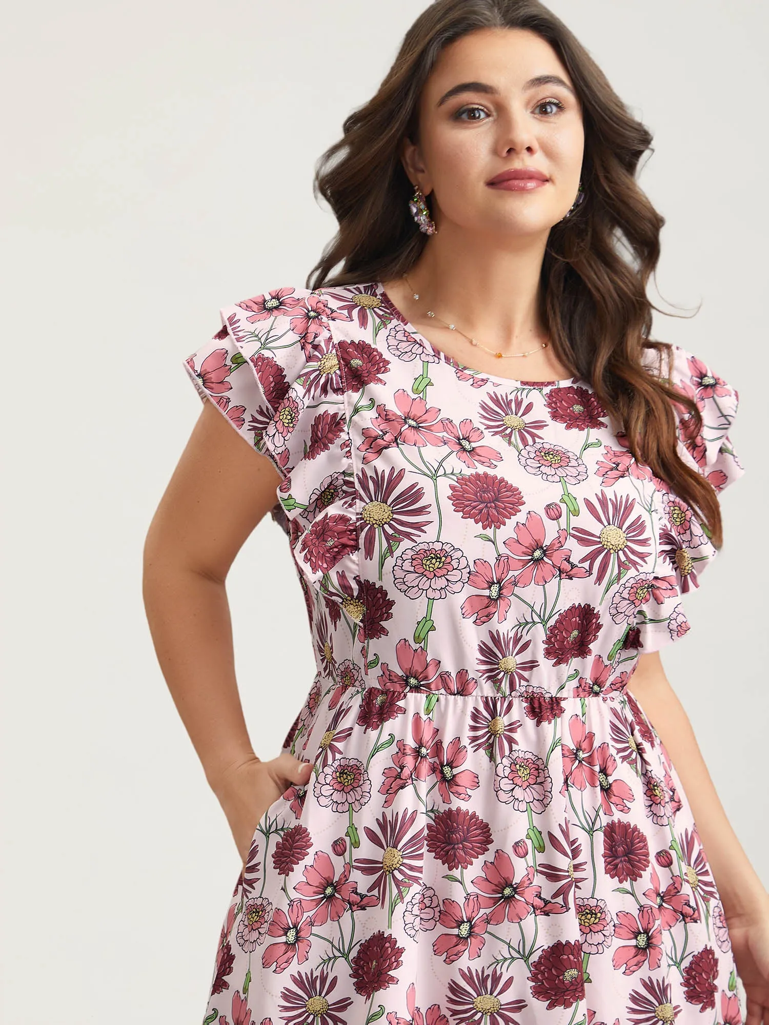 Ruffled Floral Print Stretchy-Waist Midi Dress sold by Bloomchic