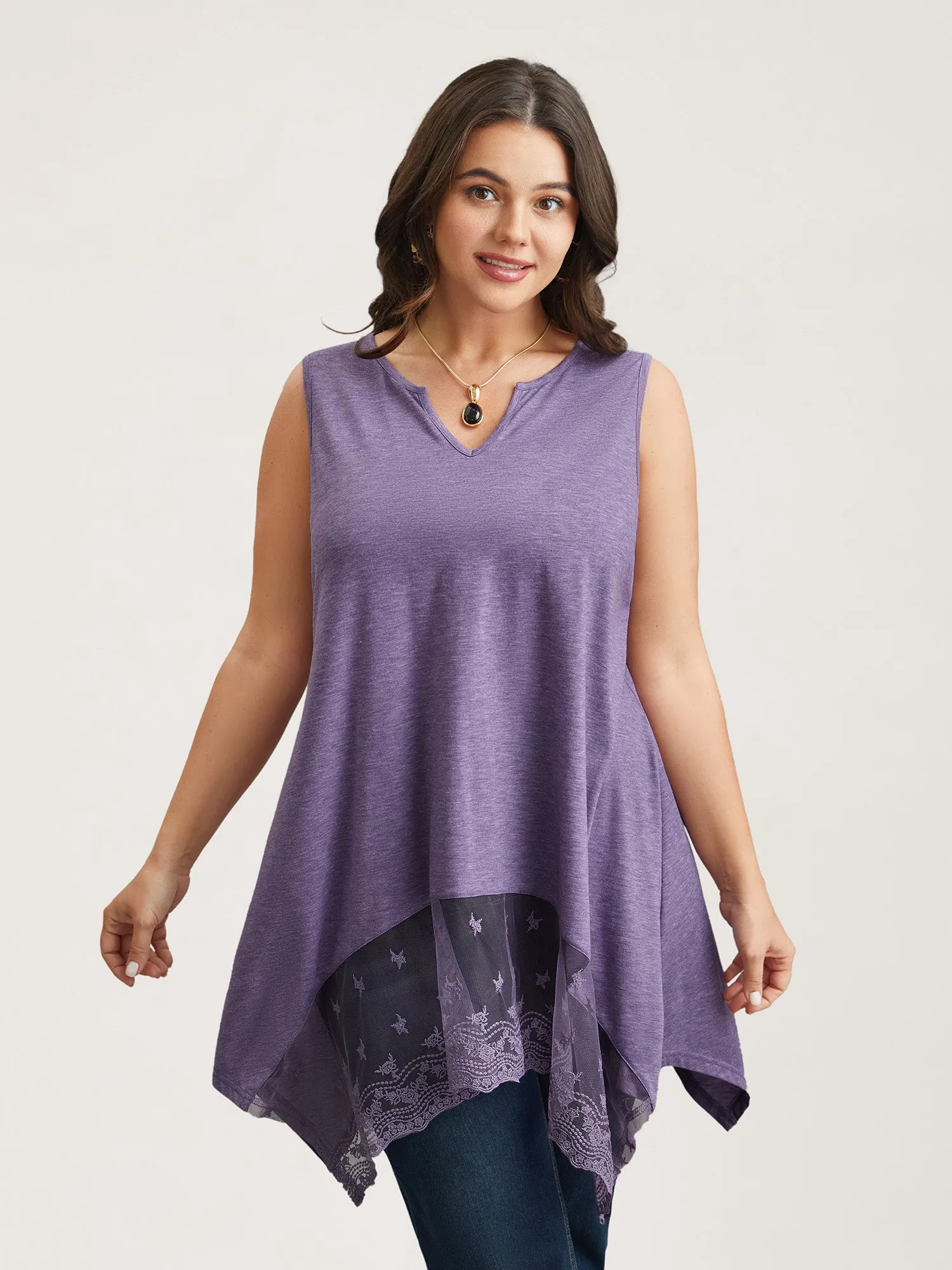 Notched Collar Sheer Lace Hi-Low Hem Vest sold by Bloomchic