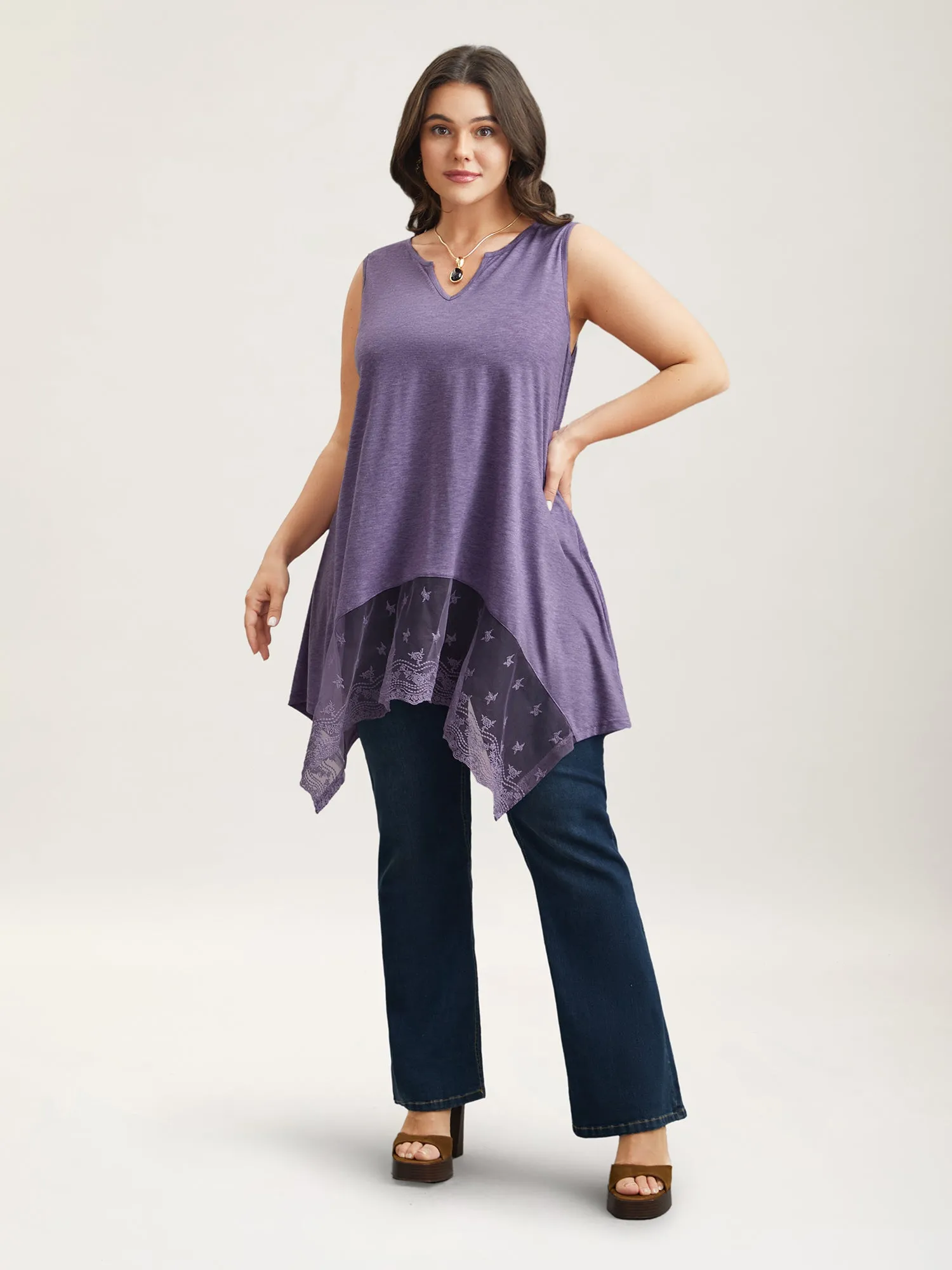 Notched Collar Sheer Lace Hi-Low Hem Vest sold by Bloomchic product image thumbnail 2