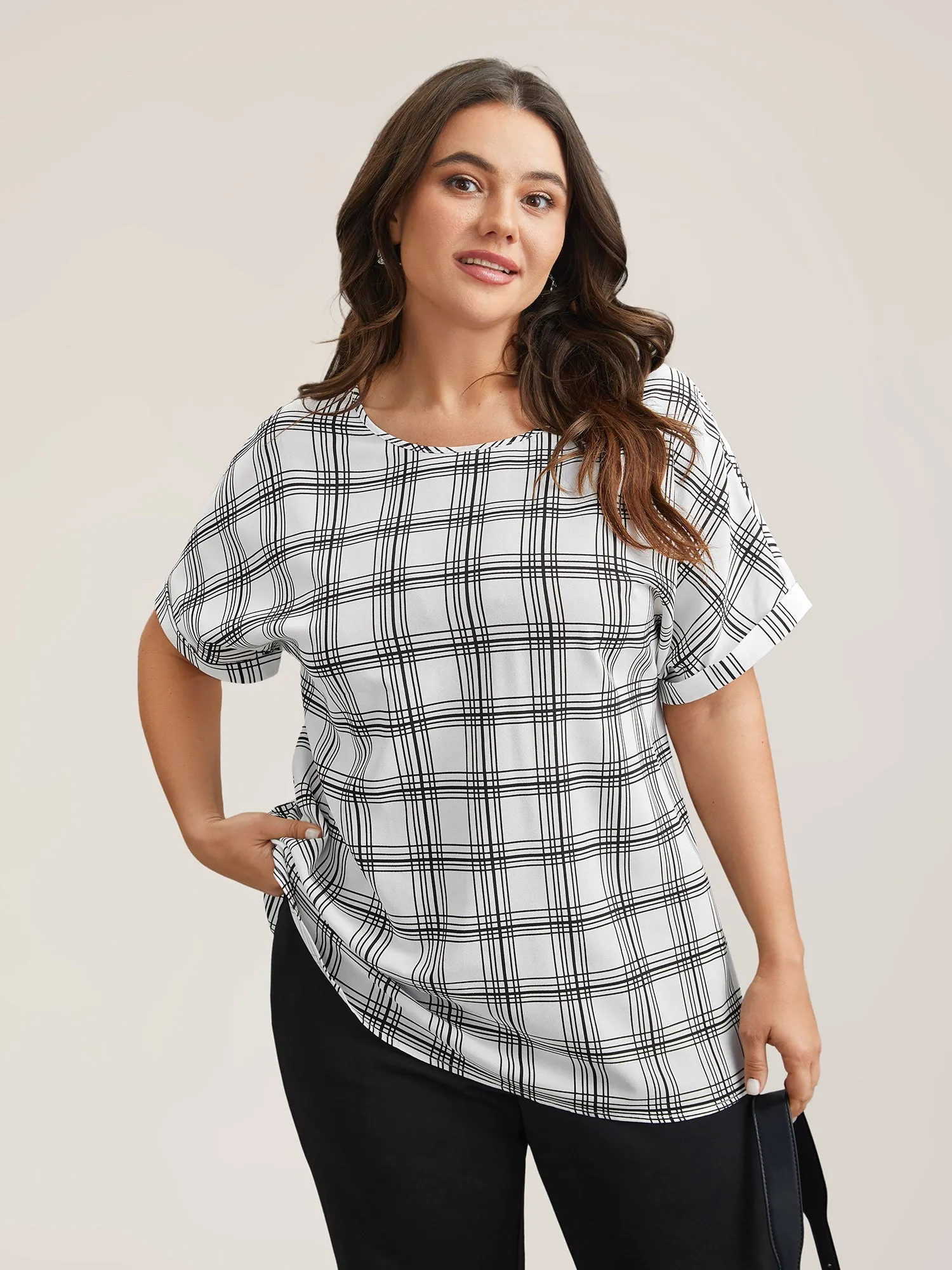 Plaid Rolled Hem Dolman Sleeve Shirt sold by Bloomchic product image thumbnail 4