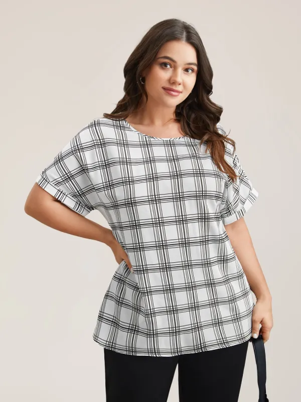 Plaid Rolled Hem Dolman Sleeve Shirt sold by Bloomchic