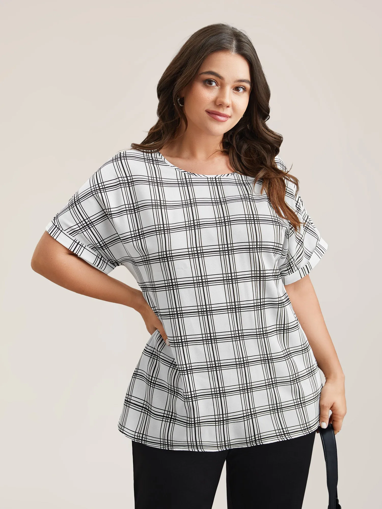 Plaid Rolled Hem Dolman Sleeve Shirt sold by Bloomchic