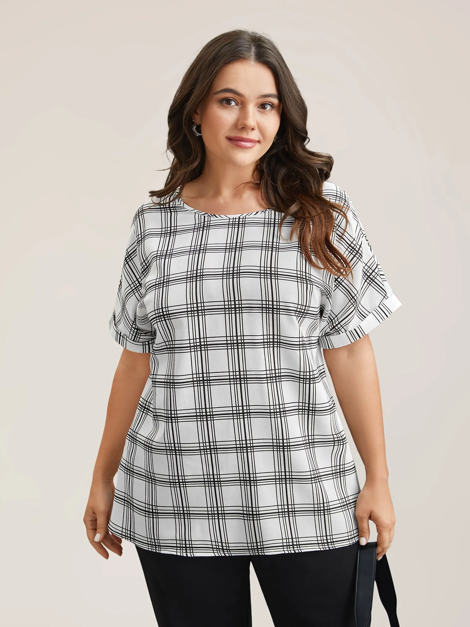 Plaid Rolled Hem Dolman Sleeve Shirt sold by Bloomchic product image thumbnail 3