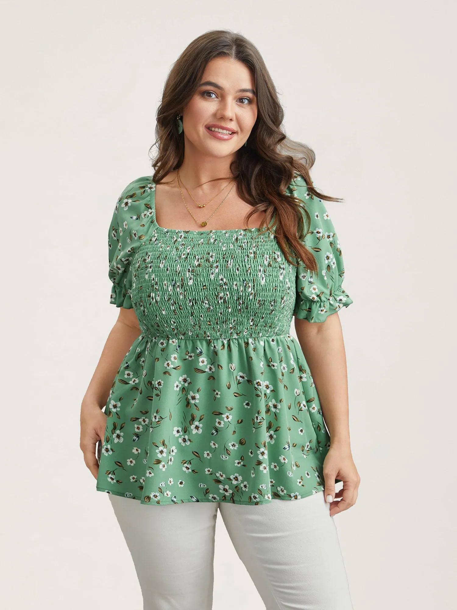 Floral Print Smocked Stretchy Waist Shirt sold by Bloomchic