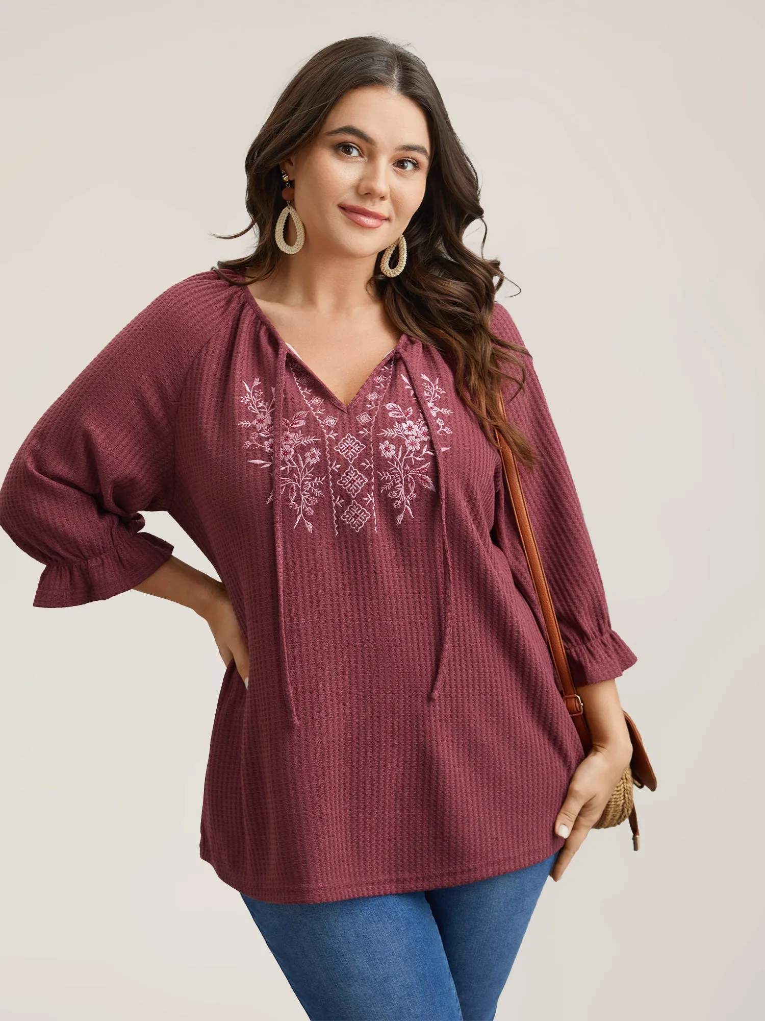 Embroidered Neck-Tie Ruffles Top sold by Bloomchic