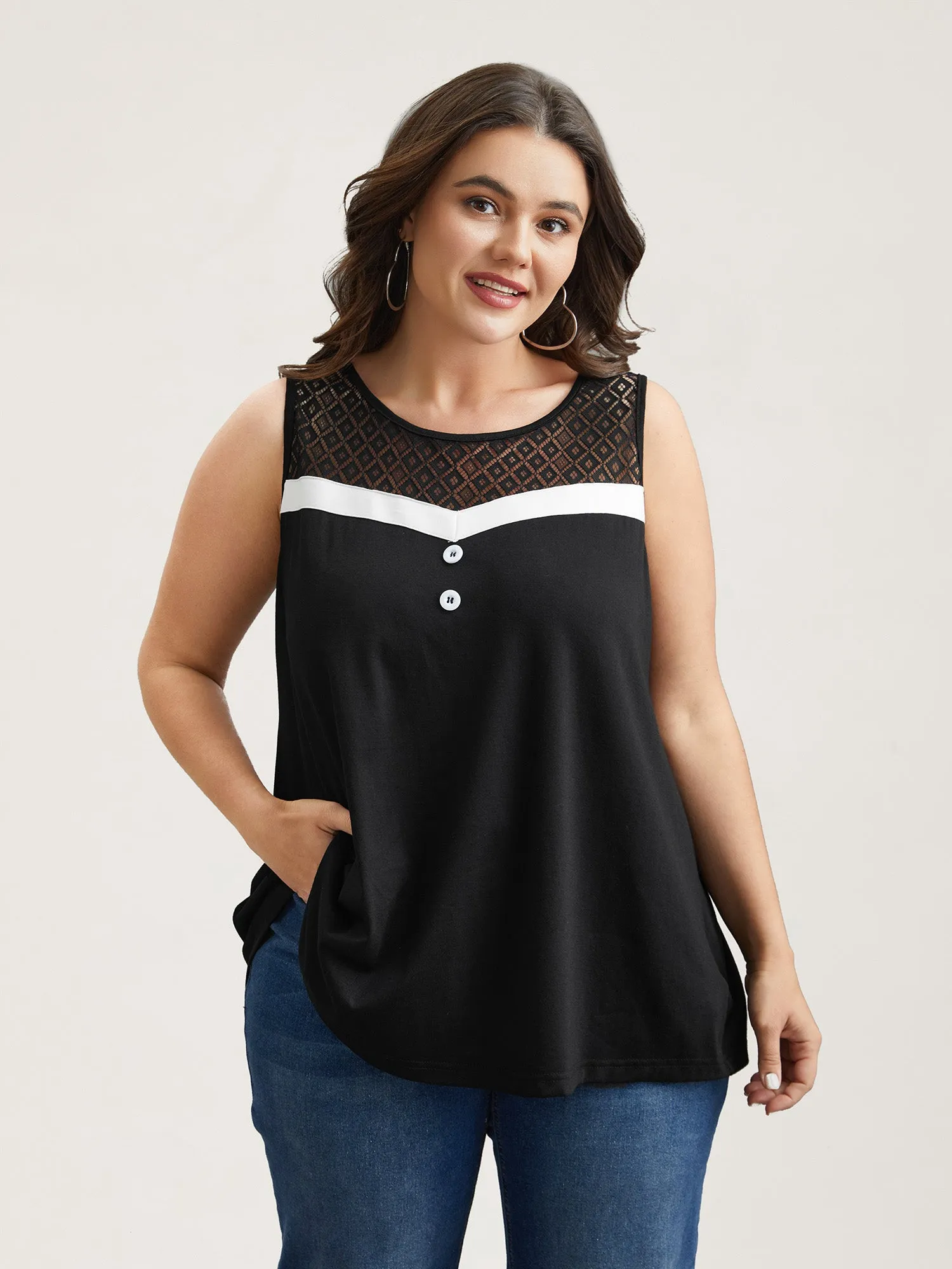 Sheer Lace Color Contrast Button Vest sold by Bloomchic