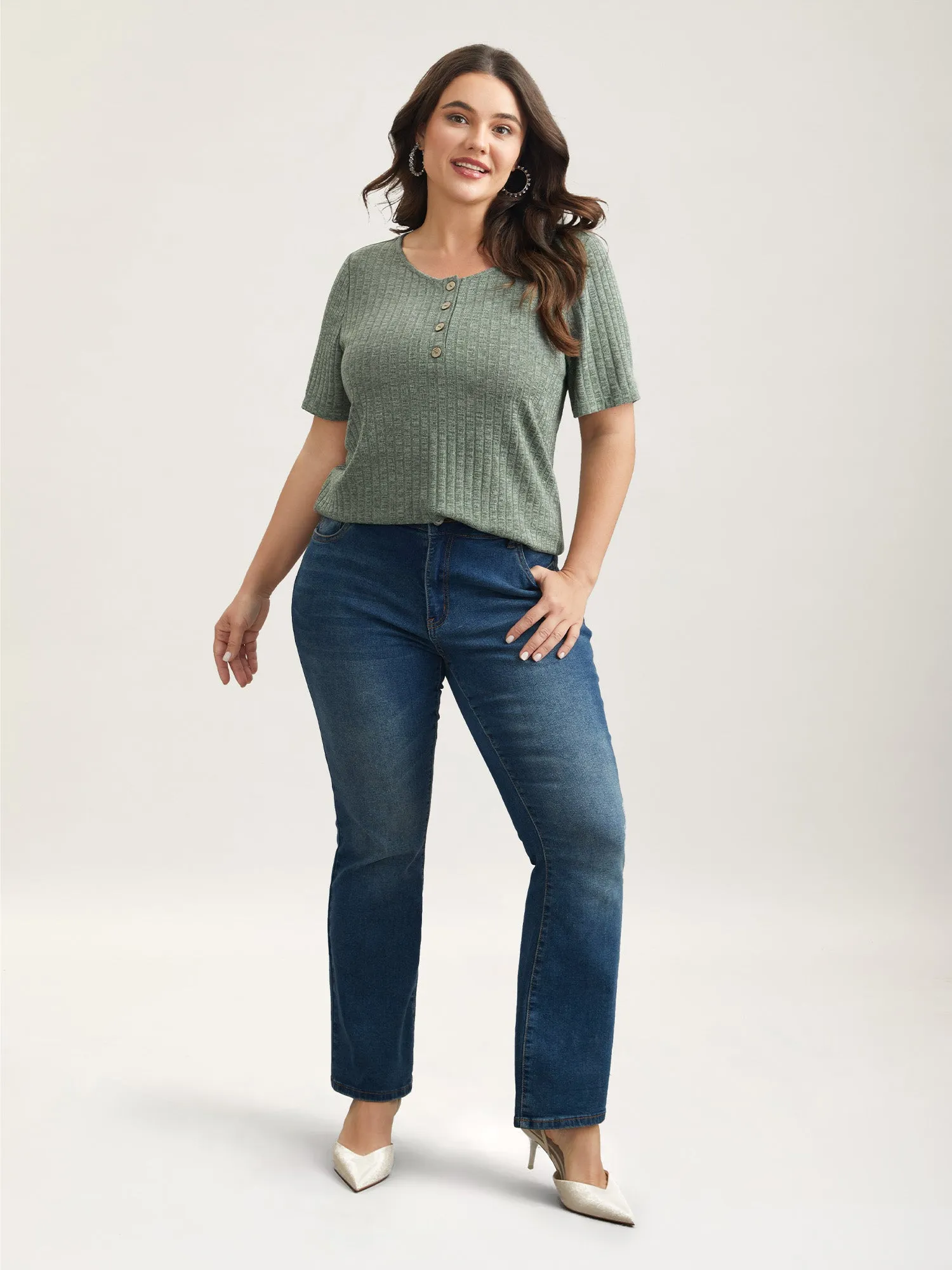 Stretchy Textured Button Half Sleeve T-Shirt sold by Bloomchic product image thumbnail 4