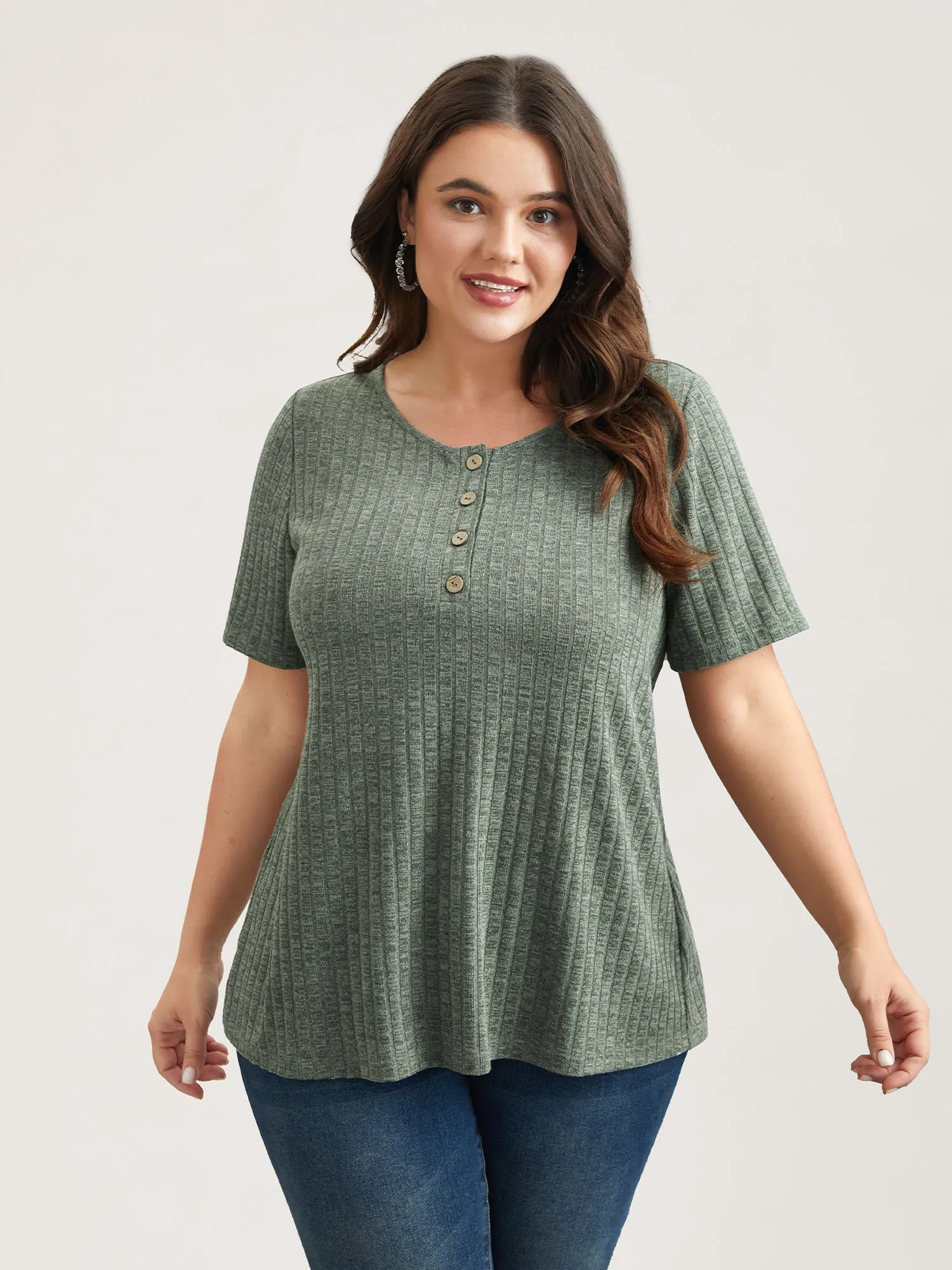 Stretchy Textured Button Half Sleeve T-Shirt sold by Bloomchic