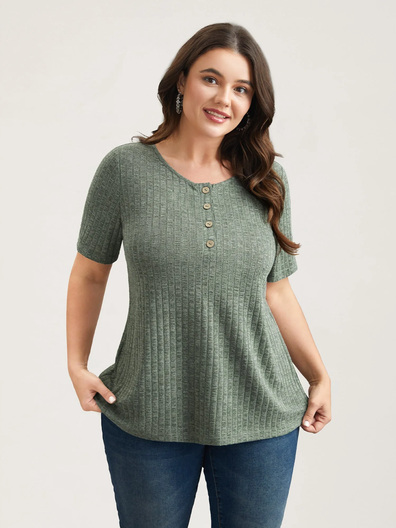 Stretchy Textured Button Half Sleeve T-Shirt sold by Bloomchic product image thumbnail 2