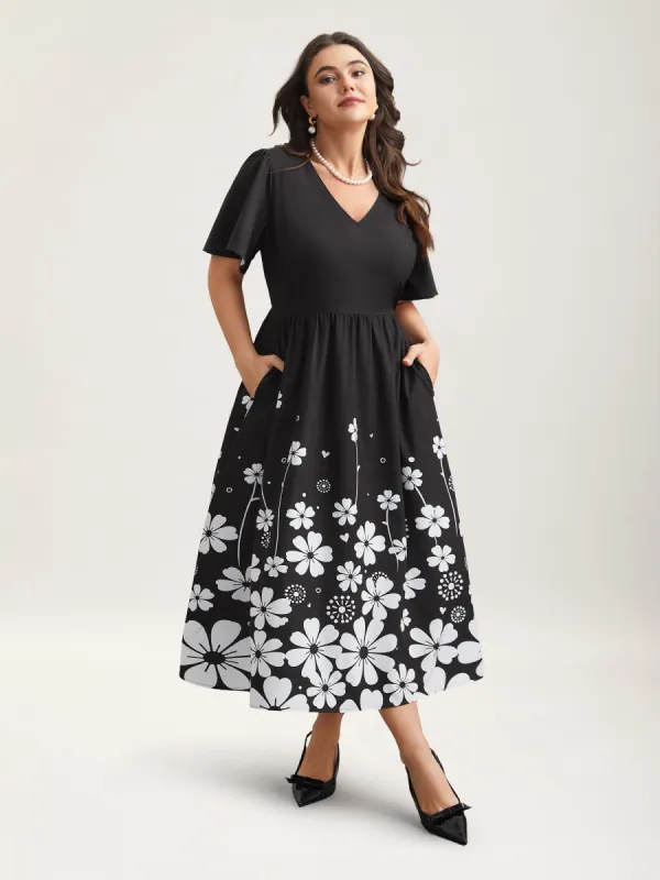 V-Neck Floral Print Flared Sleeve Dress sold by Bloomchic
