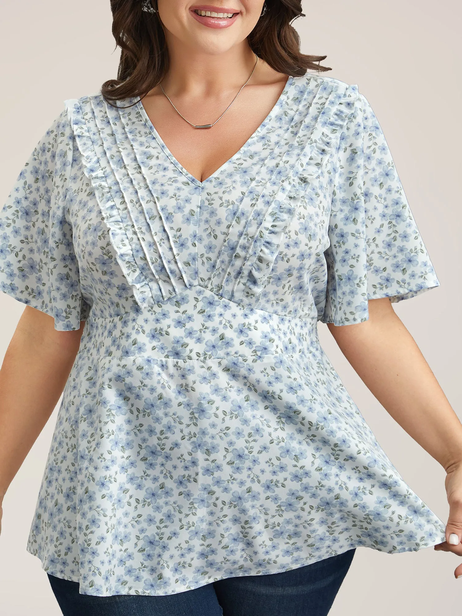 Floral Ruffled Pintucks Flared Sleeve Shirt sold by Bloomchic product image thumbnail 5