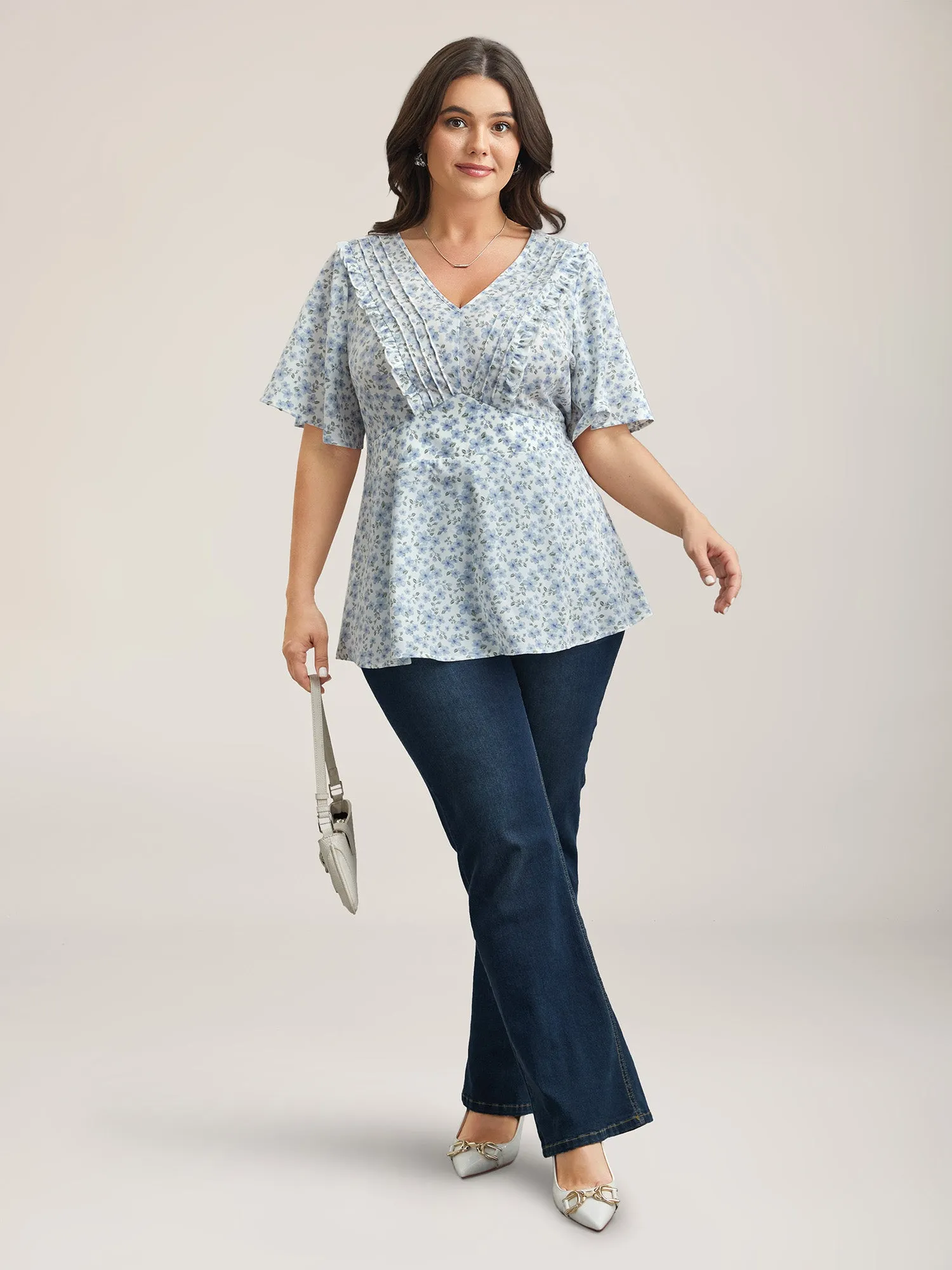 Floral Ruffled Pintucks Flared Sleeve Shirt sold by Bloomchic product image thumbnail 3