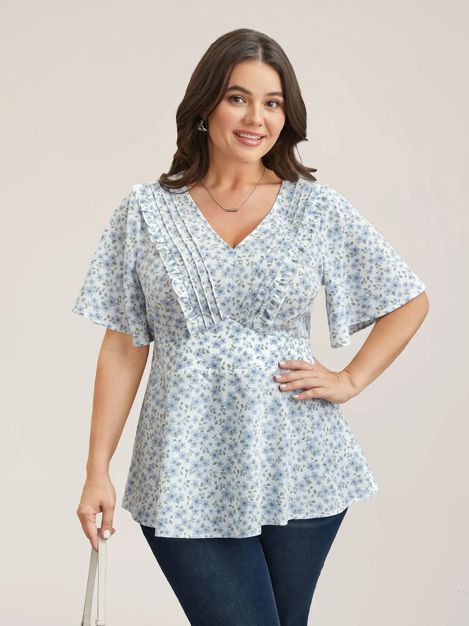 Floral Ruffled Pintucks Flared Sleeve Shirt sold by Bloomchic