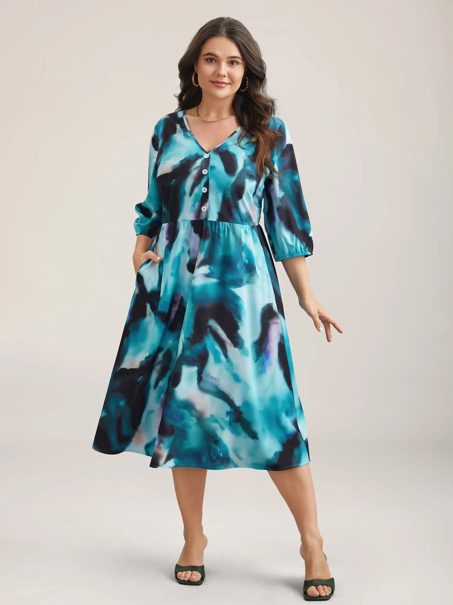 Tie-Dye Placket V-Neck Midi Dress sold by Bloomchic