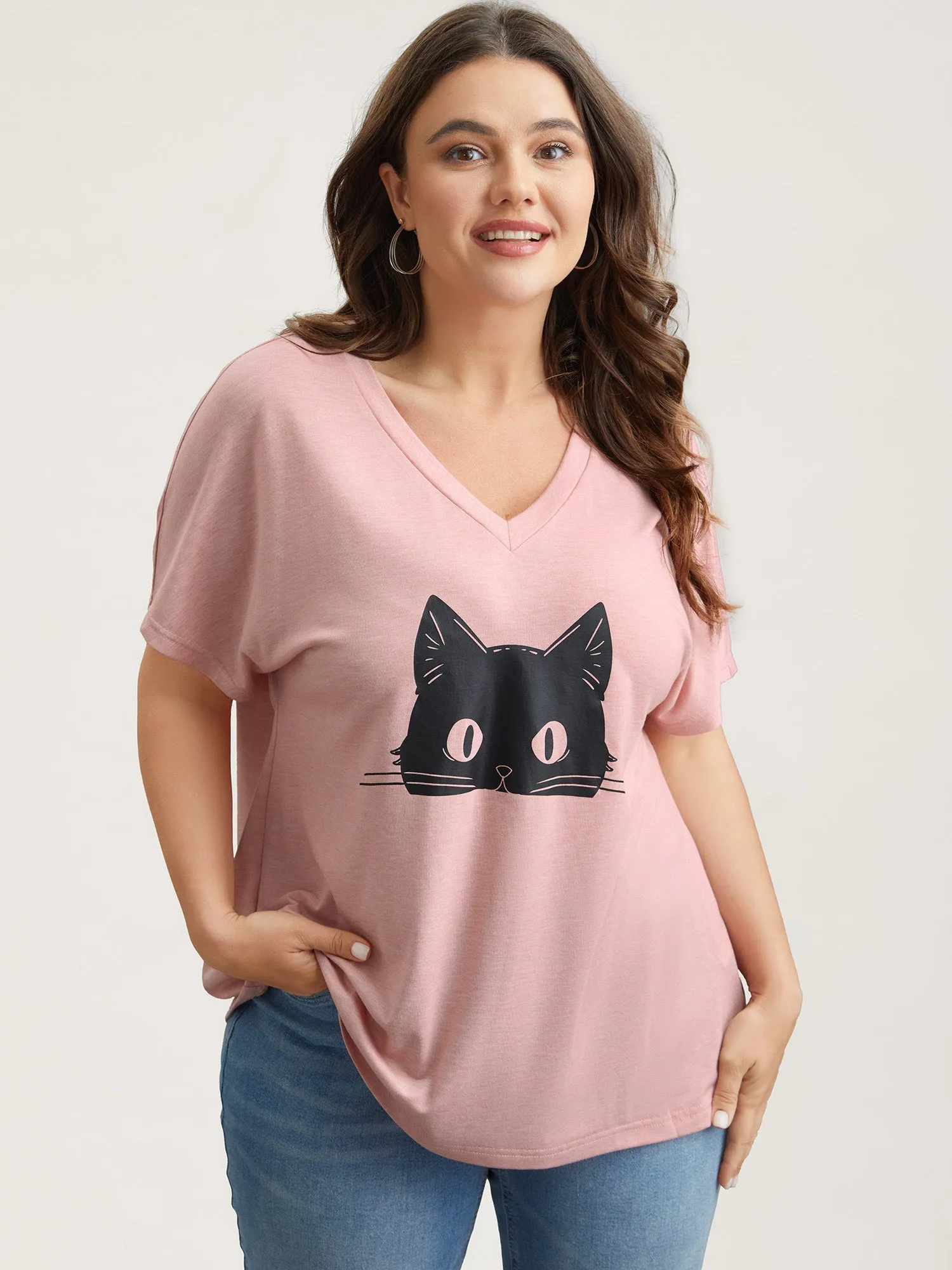 Cat Print V-Neck Half Sleeve T-Shirt sold by Bloomchic product image thumbnail 2
