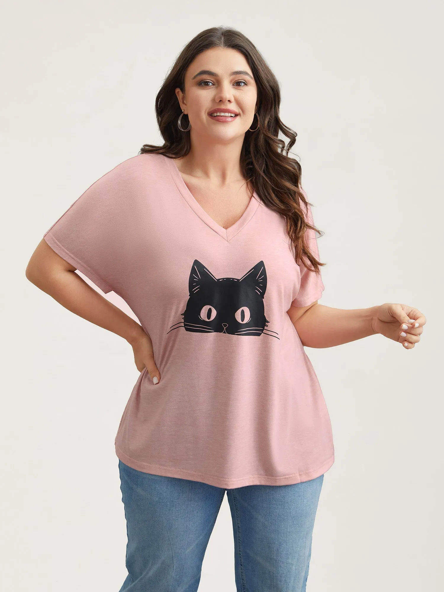 Cat Print V-Neck Half Sleeve T-Shirt sold by Bloomchic product image thumbnail 4