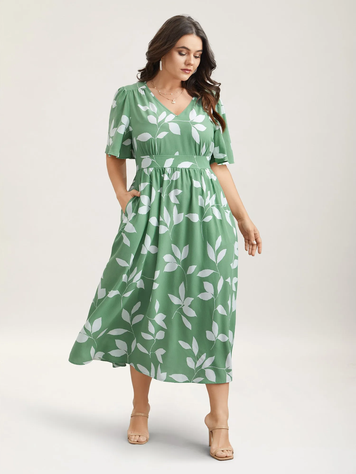 Leaf Print Waist-Cinched Flared Maxi Dress sold by Bloomchic product image thumbnail 2