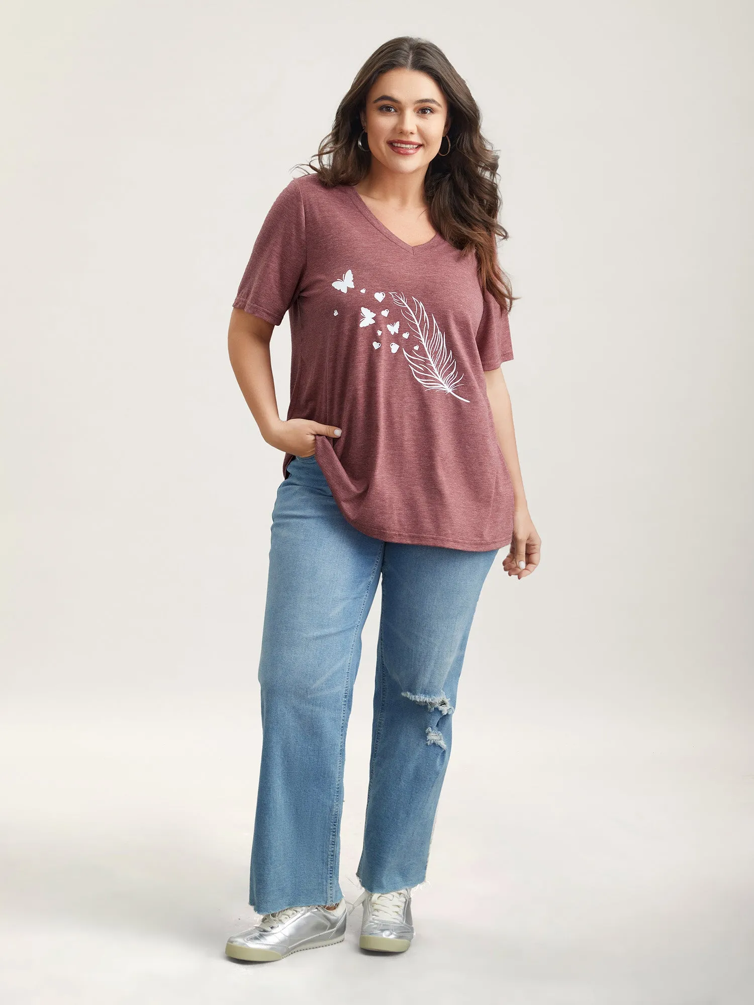 Feather Print V-Neck Fitted T-Shirt sold by Bloomchic product image thumbnail 3
