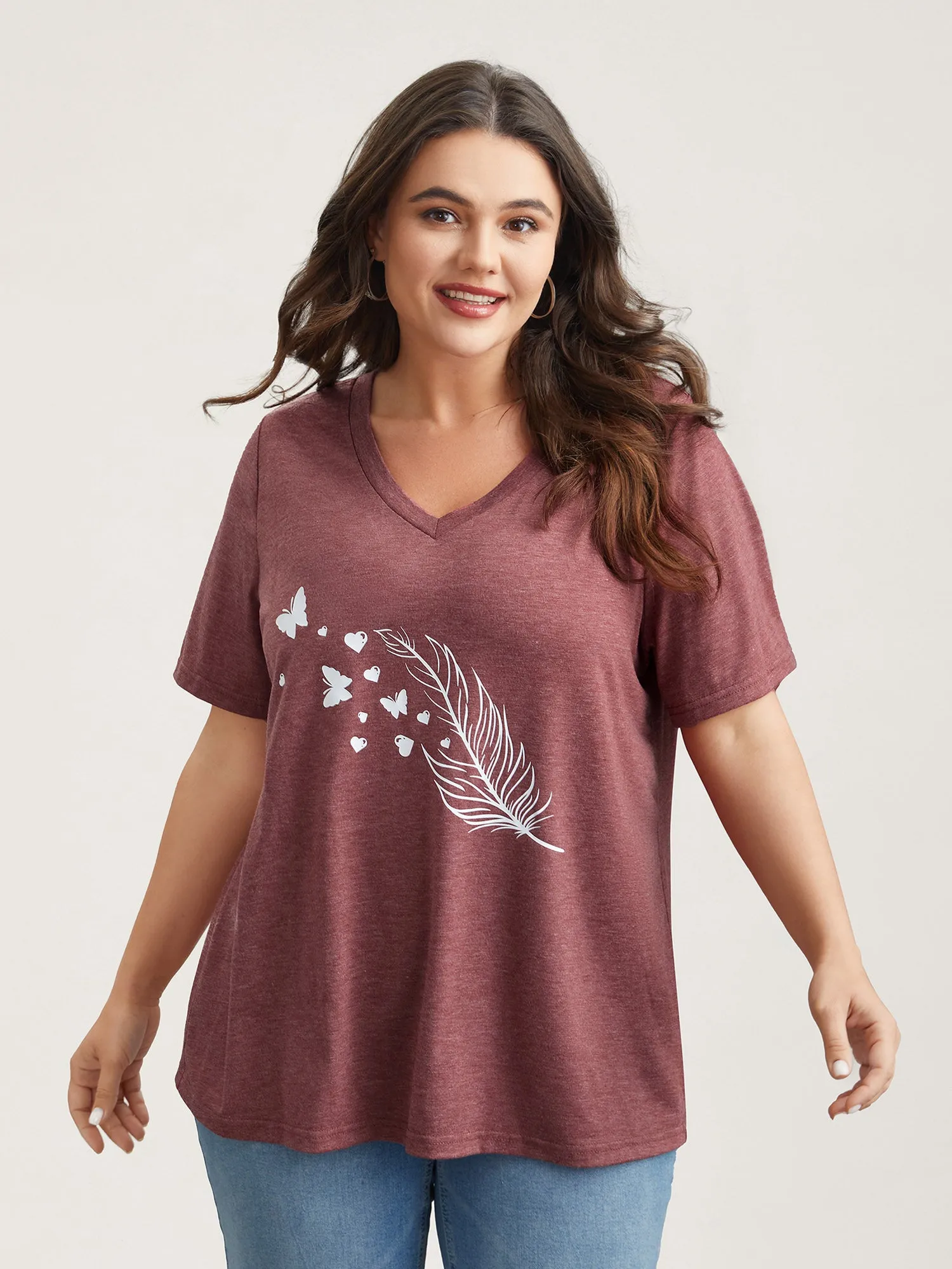 Feather Print V-Neck Fitted T-Shirt sold by Bloomchic