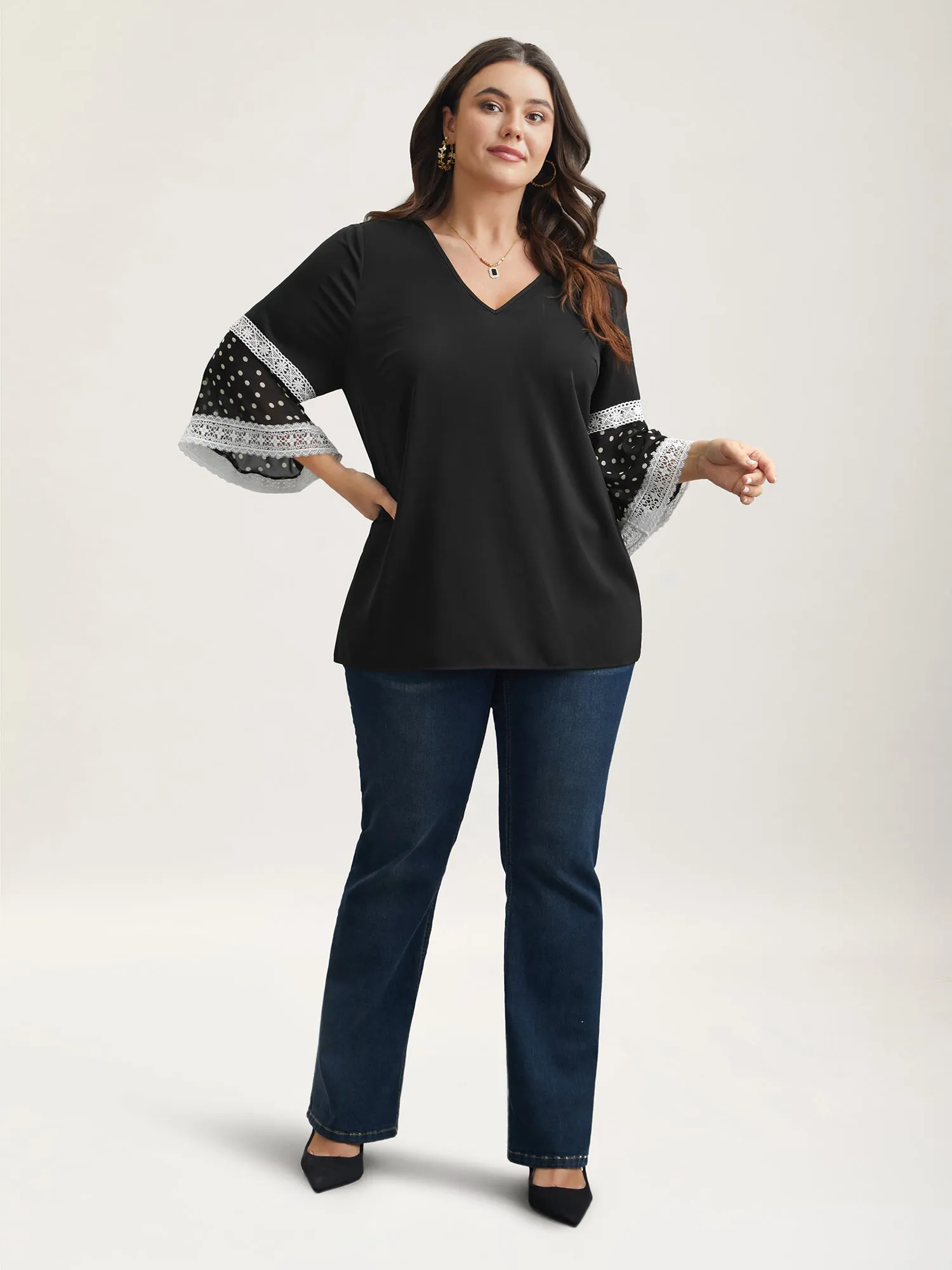 Polka Dot Paneled V-Neck Flared Shirt sold by Bloomchic product image thumbnail 2