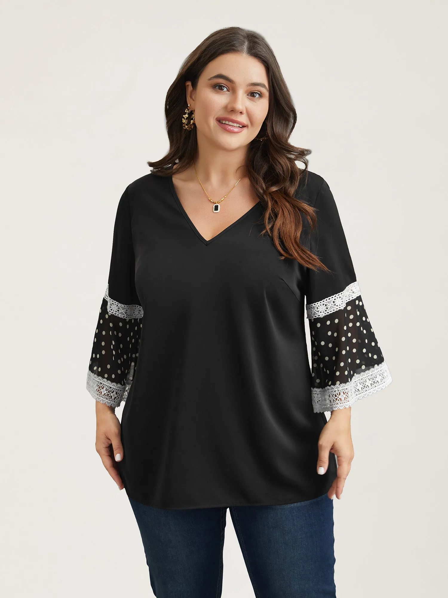 Polka Dot Paneled V-Neck Flared Shirt sold by Bloomchic product image thumbnail 4