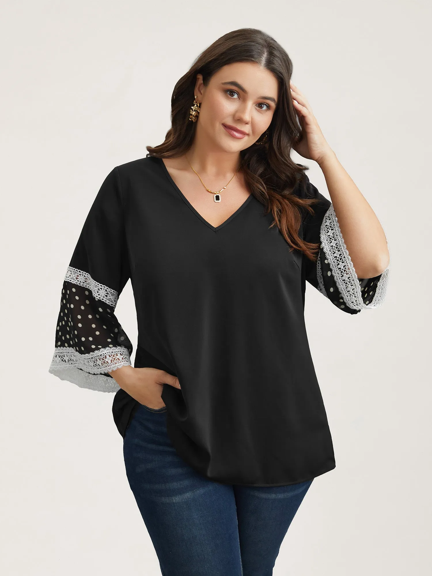 Polka Dot Paneled V-Neck Flared Shirt sold by Bloomchic product image thumbnail 3