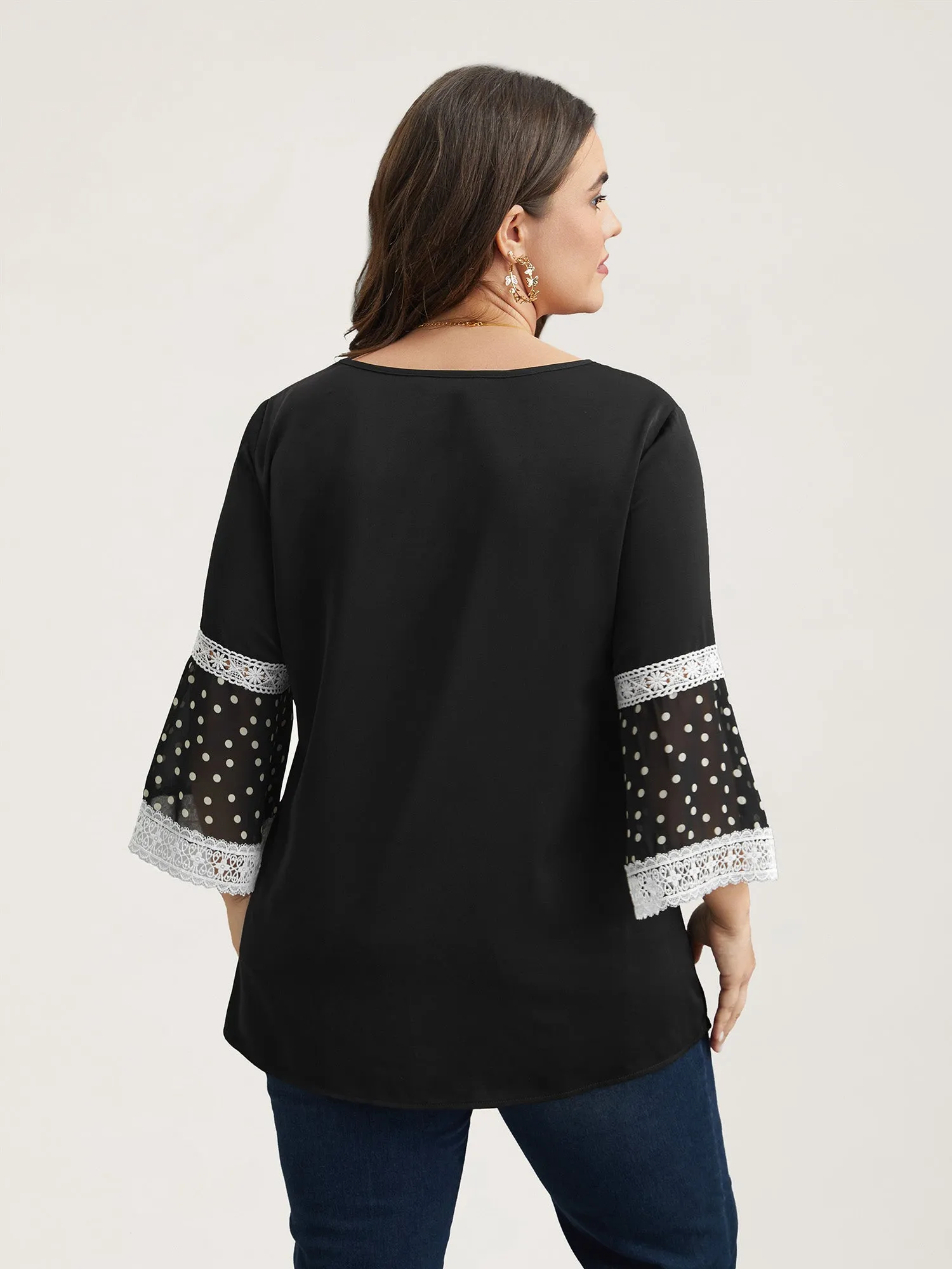 Polka Dot Paneled V-Neck Flared Shirt sold by Bloomchic product image thumbnail 5