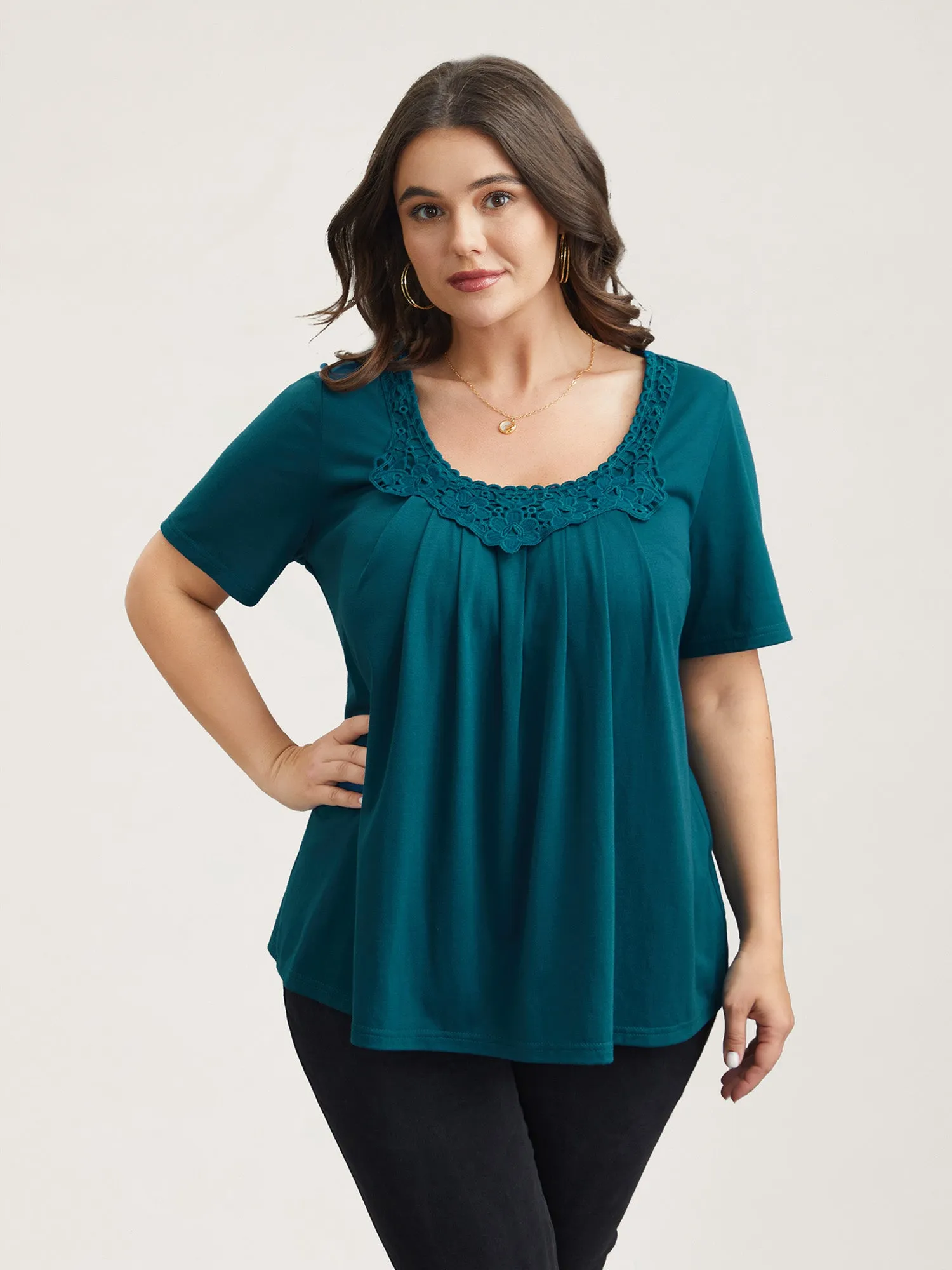 Lace Trim Pleated Round Neck T-Shirt sold by Bloomchic product image thumbnail 4