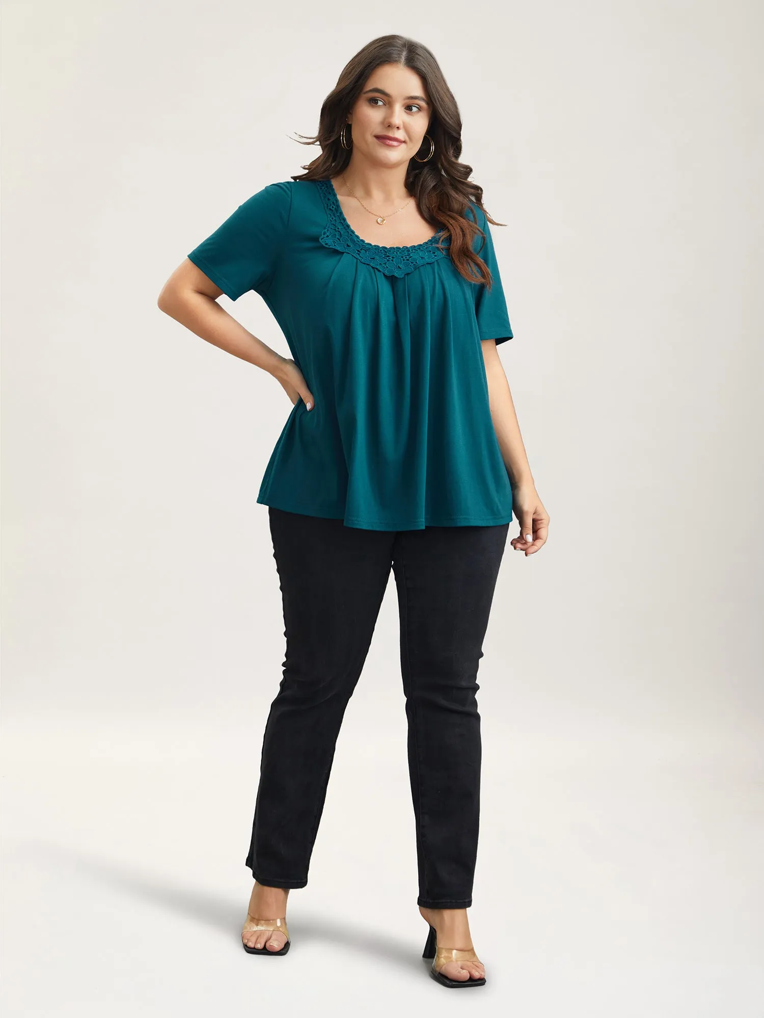 Lace Trim Pleated Round Neck T-Shirt sold by Bloomchic product image thumbnail 3