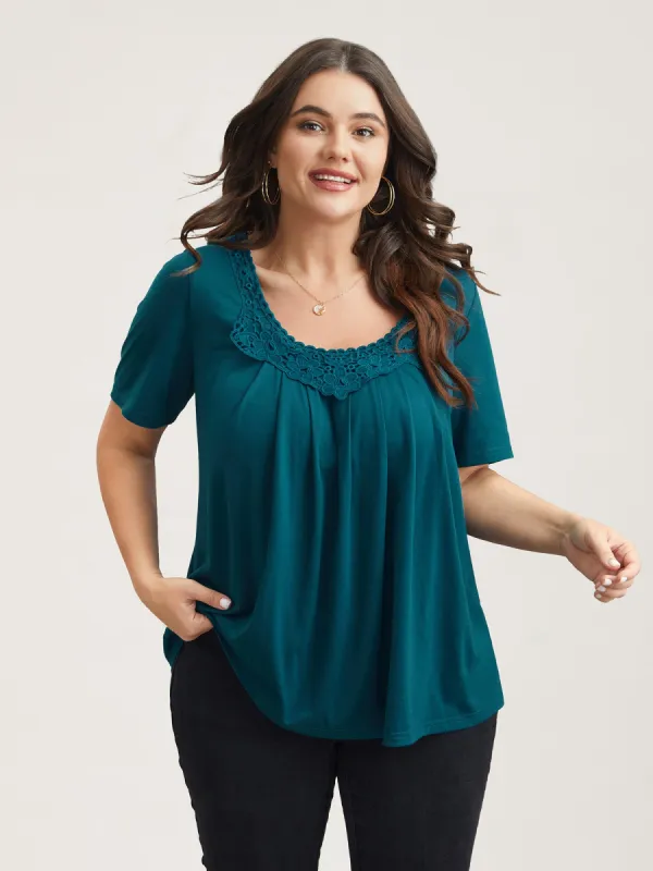 Lace Trim Pleated Round Neck T-Shirt sold by Bloomchic