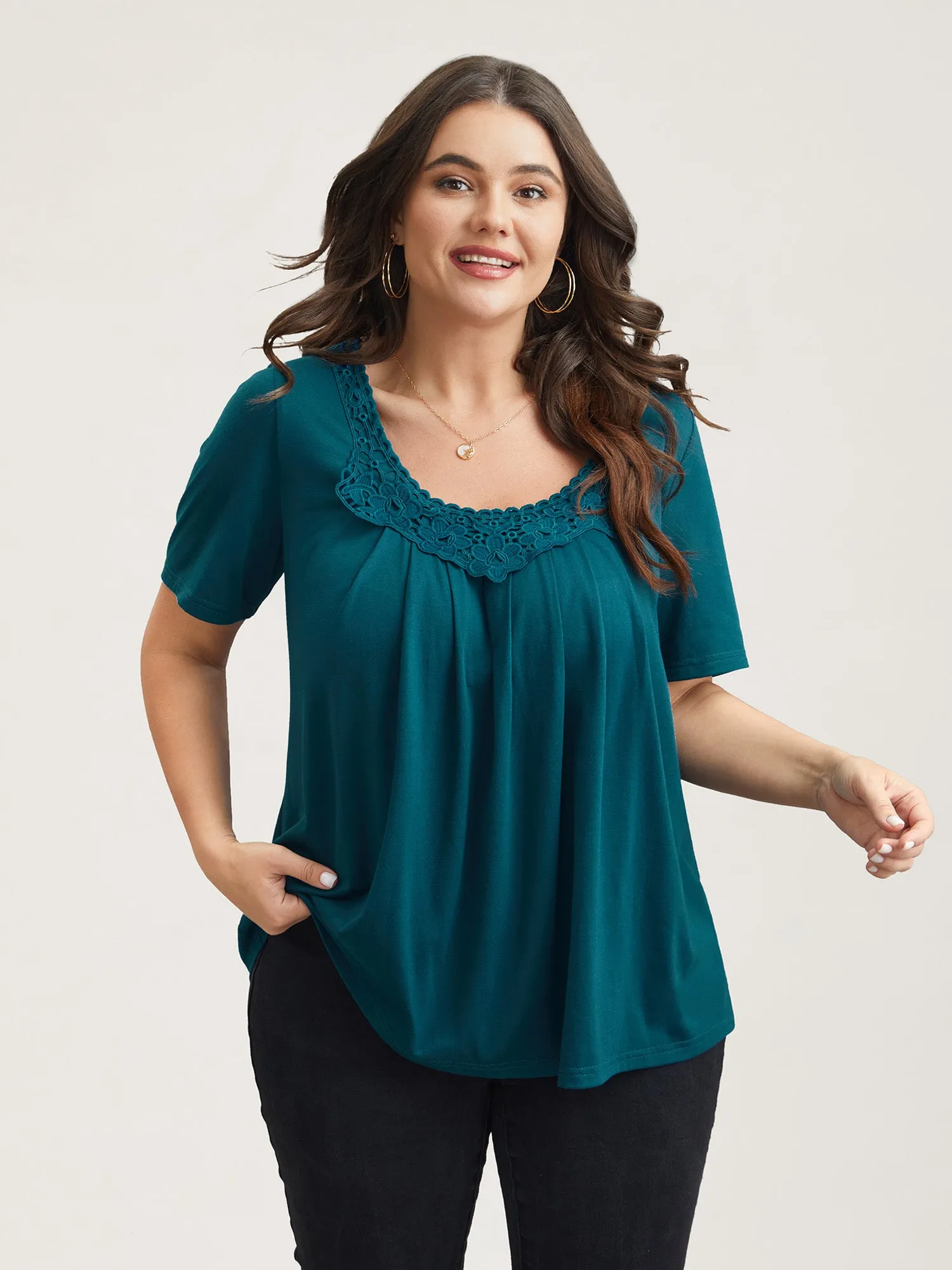 Lace Trim Pleated Round Neck T-Shirt sold by Bloomchic