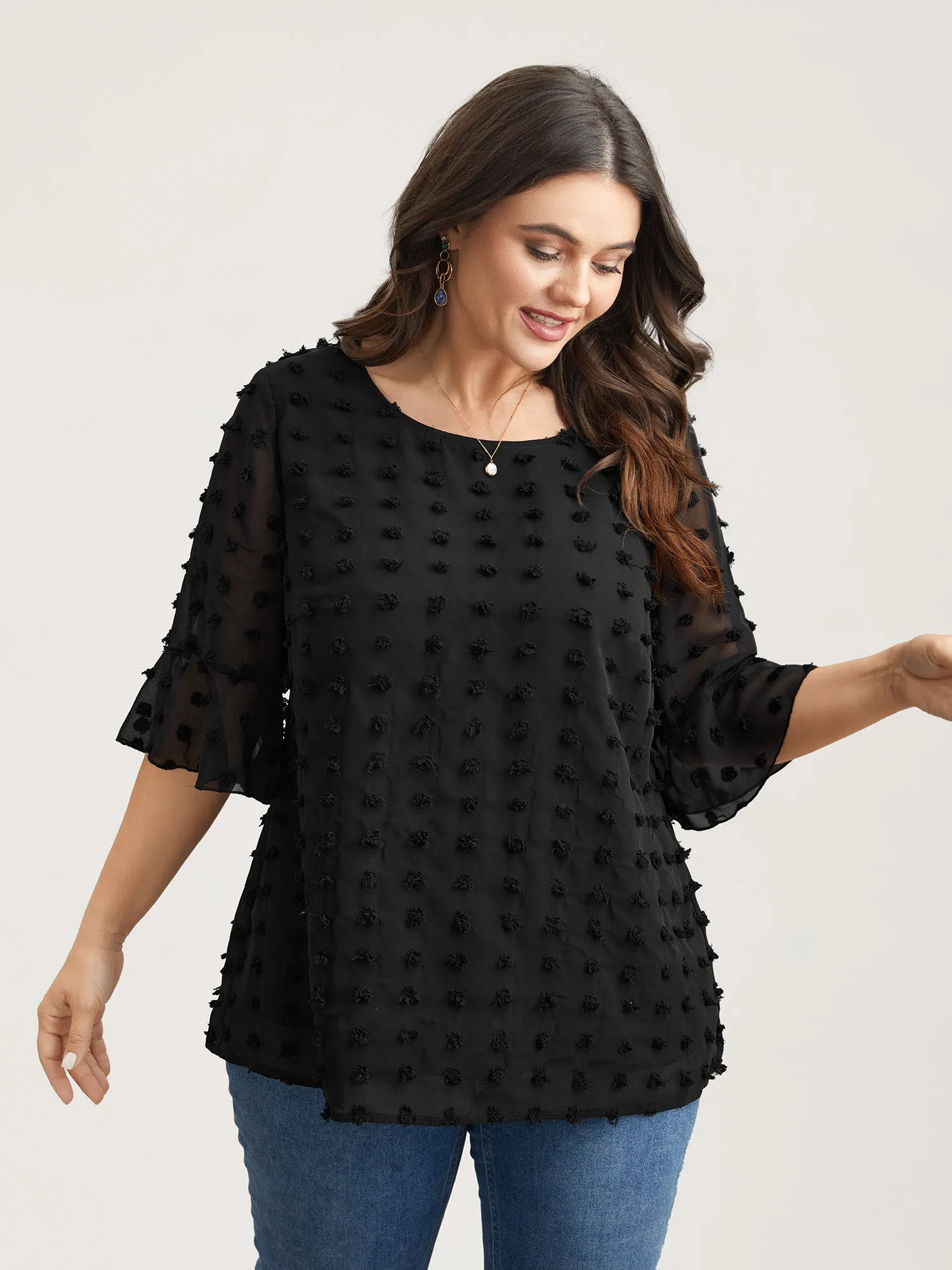 Chiffon Polka Dot Round Neck Shirt sold by Bloomchic