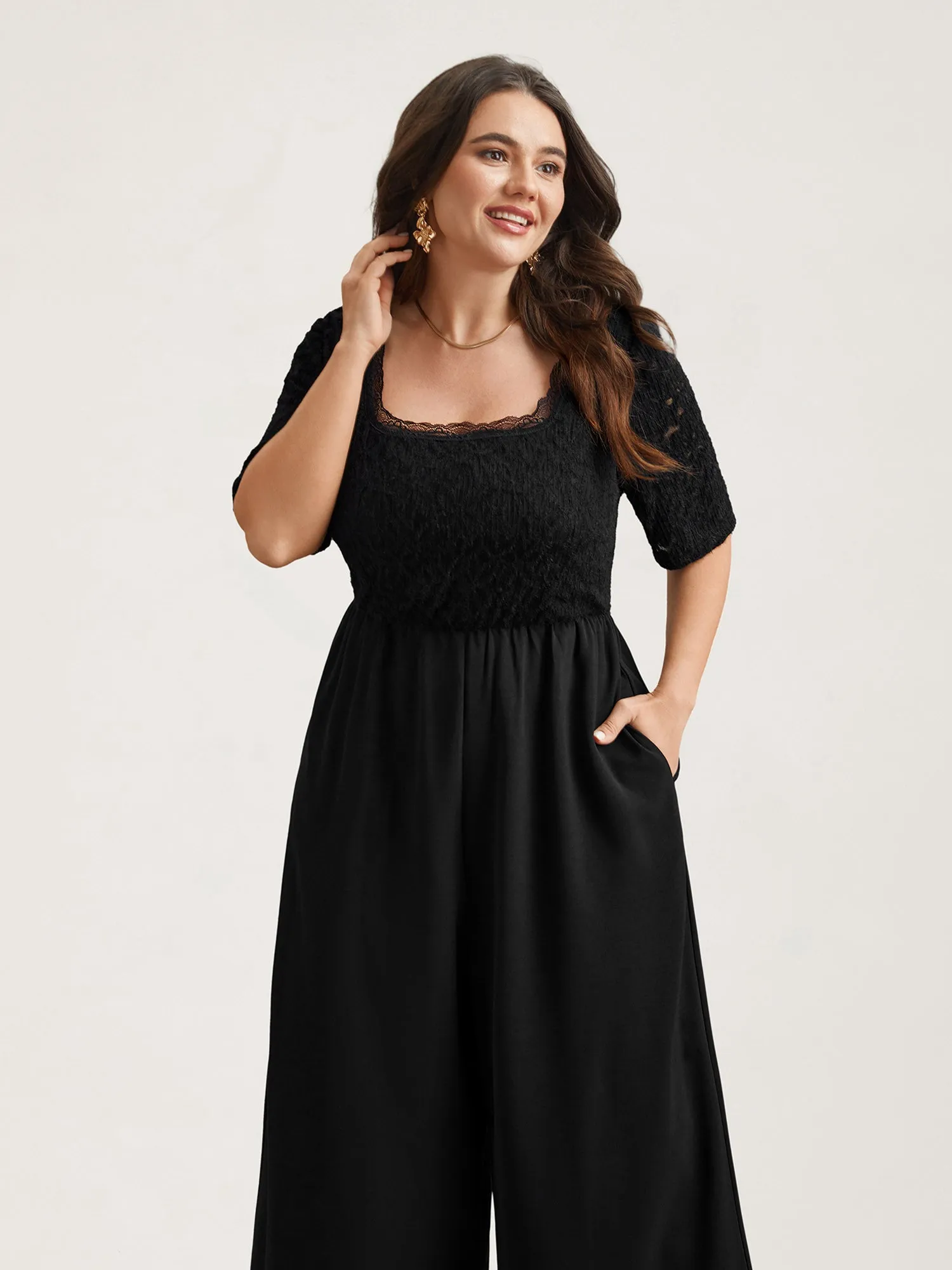 Textured Lace Spliced Square Neck Jumpsuit sold by Bloomchic product image thumbnail 3