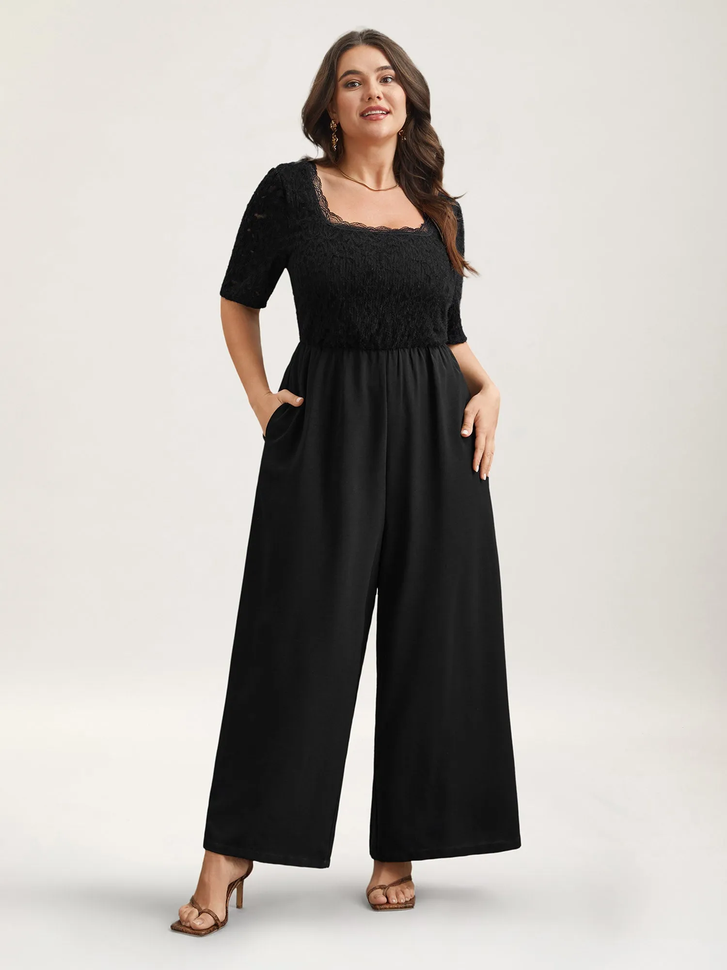 Textured Lace Spliced Square Neck Jumpsuit sold by Bloomchic product image thumbnail 2