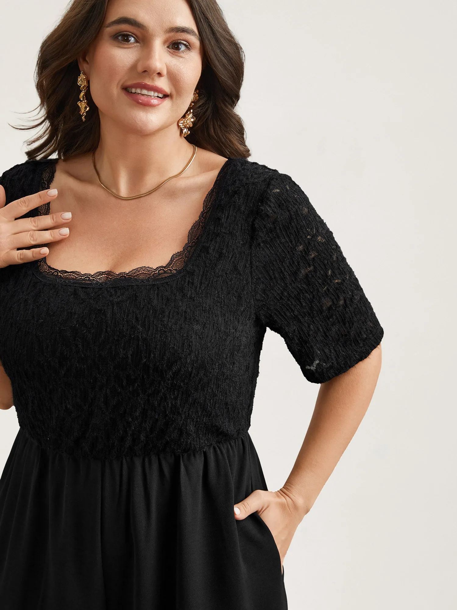 Textured Lace Spliced Square Neck Jumpsuit sold by Bloomchic