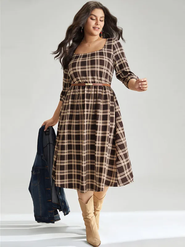 Plaid Pocket Elastic Waist Square Neck Lantern Sleeve Dress sold by Bloomchic