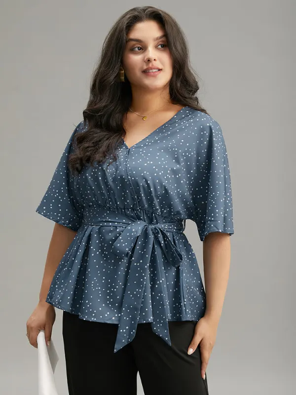 Polka Dot Flutter Sleeve Wrap Belted Blouse sold by Bloomchic