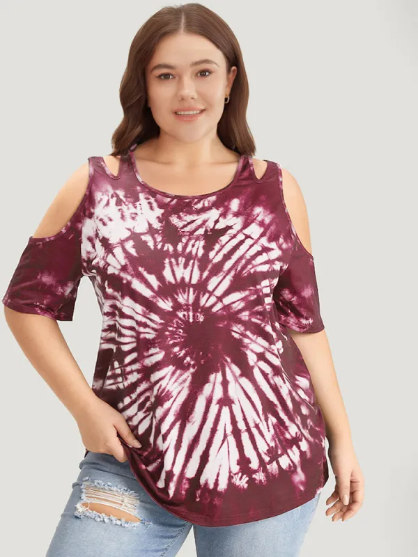 Tie Dye Cut Out Cold Shoulder T-shirt sold by Bloomchic