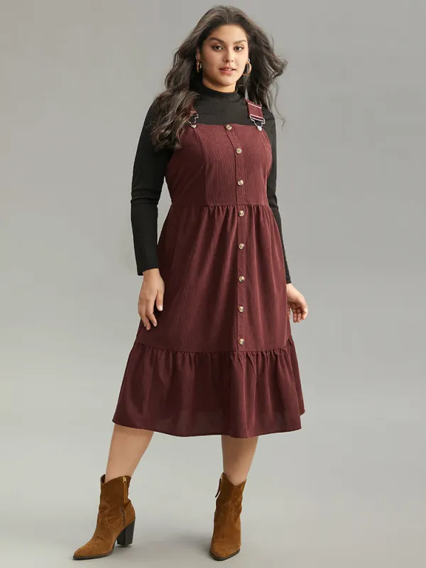 Corduroy Button Detail Ruffles Adjustable Straps Dress sold by Bloomchic