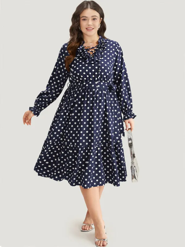 Polka Dot Ruffle Trim Belted Lace Up Dress sold by Bloomchic