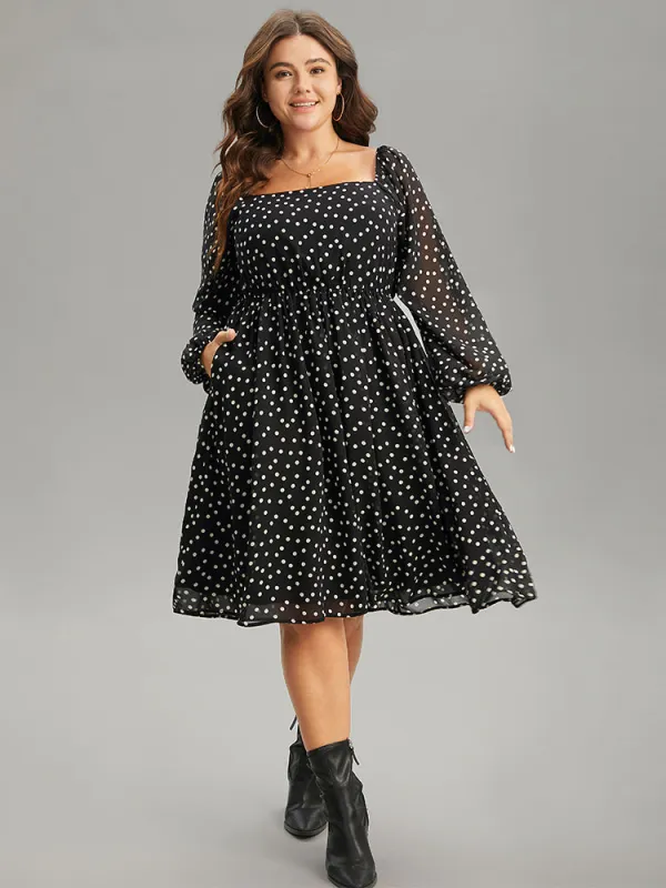 Polka Dot Square Neck Gathered Lantern Sleeve Dress sold by Bloomchic