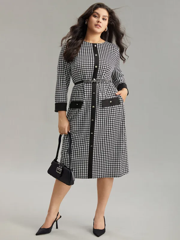 :Houndstooth Pocket Button Detail Dress sold by Bloomchic
