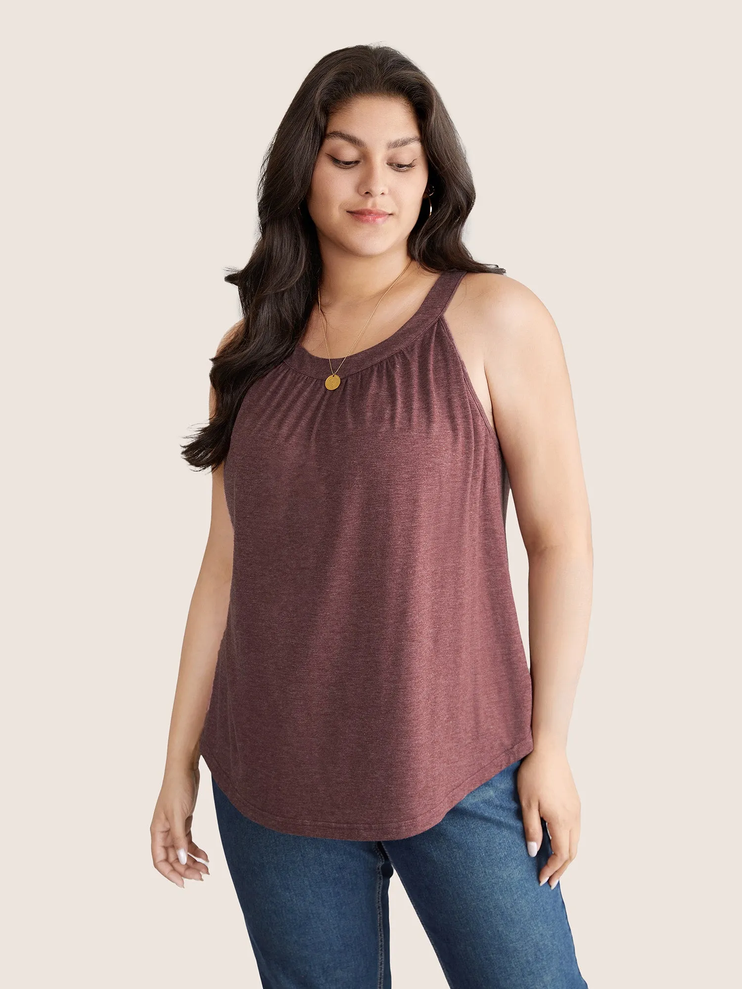Solid Round Neck Gathered Tank Top sold by Bloomchic