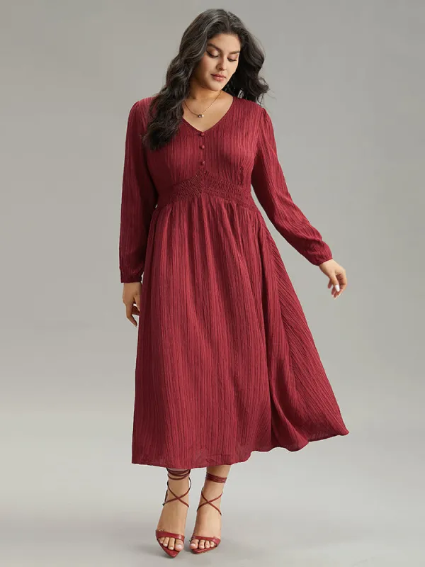 Solid Plisse Button Detail Shirred Dress sold by Bloomchic