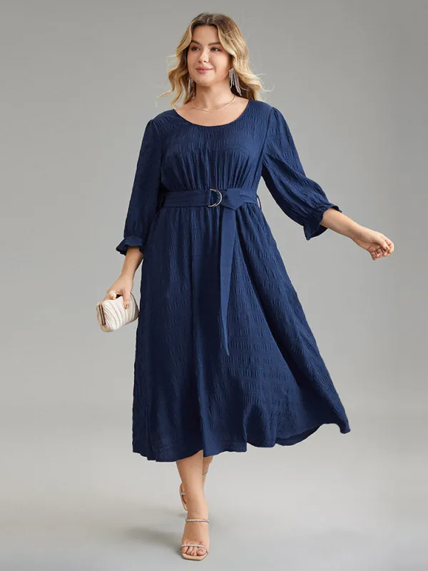 Plain Texture Belted Scoop Neck Jacquard Dress sold by Bloomchic