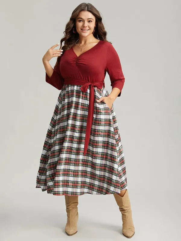 Christmas Plaid Patchwork Ruched Belted Dress sold by Bloomchic