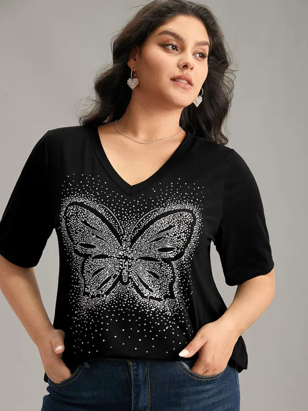 Butterfly Rhinestone V Neck T-shirt sold by Bloomchic