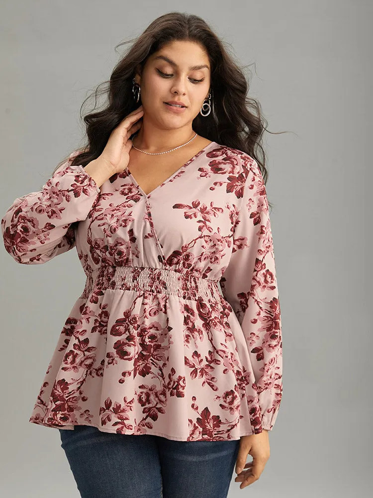Floral Print Shirred Surplice Neck Blouse sold by Bloomchic